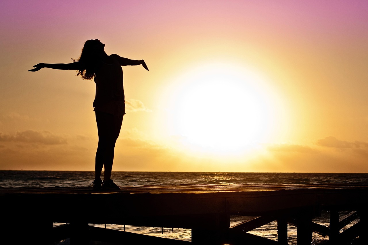 woman, girl, freedom, happy, sun, silhouette, sunrise, beach, sunset, dusk, dawn, nature, twilight